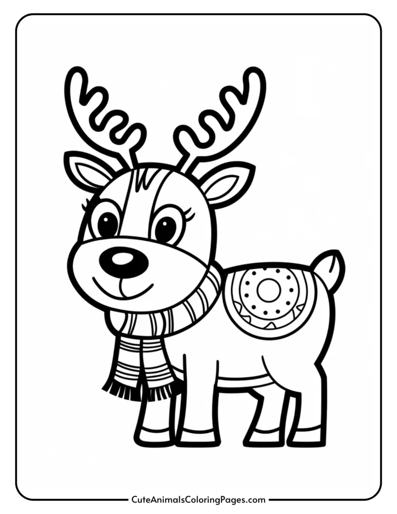 Cute cartoon reindeer wearing a striped scarf and decorated with a donut design on its side, ideal for coloring activities.