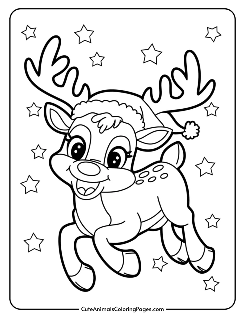 Cute cartoon reindeer wearing a Santa hat, surrounded by stars, designed for a coloring page. Perfect for kids' holiday-themed art activities.