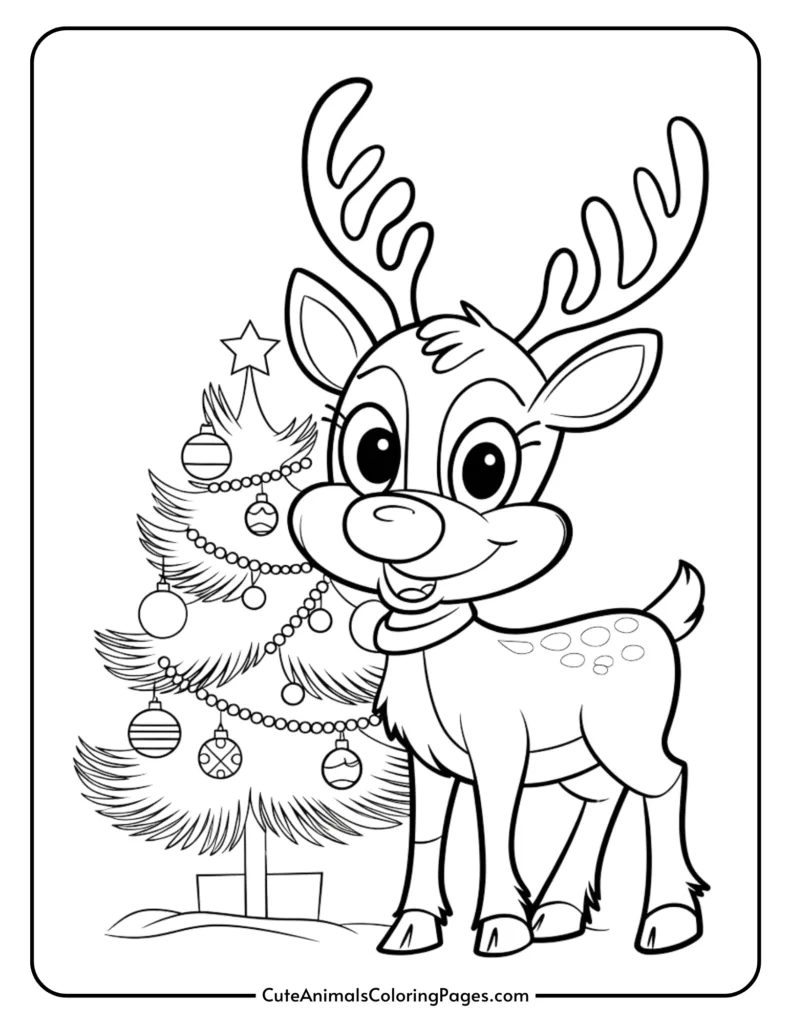 Cute cartoon reindeer standing next to a decorated Christmas tree, designed for coloring activities. Perfect for holiday-themed art projects.