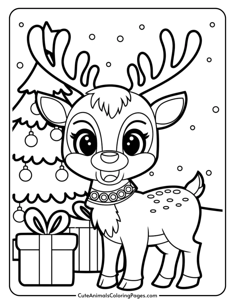 Cute cartoon reindeer standing beside a decorated Christmas tree with gifts, designed for a coloring page. Perfect for holiday-themed art activities for children.