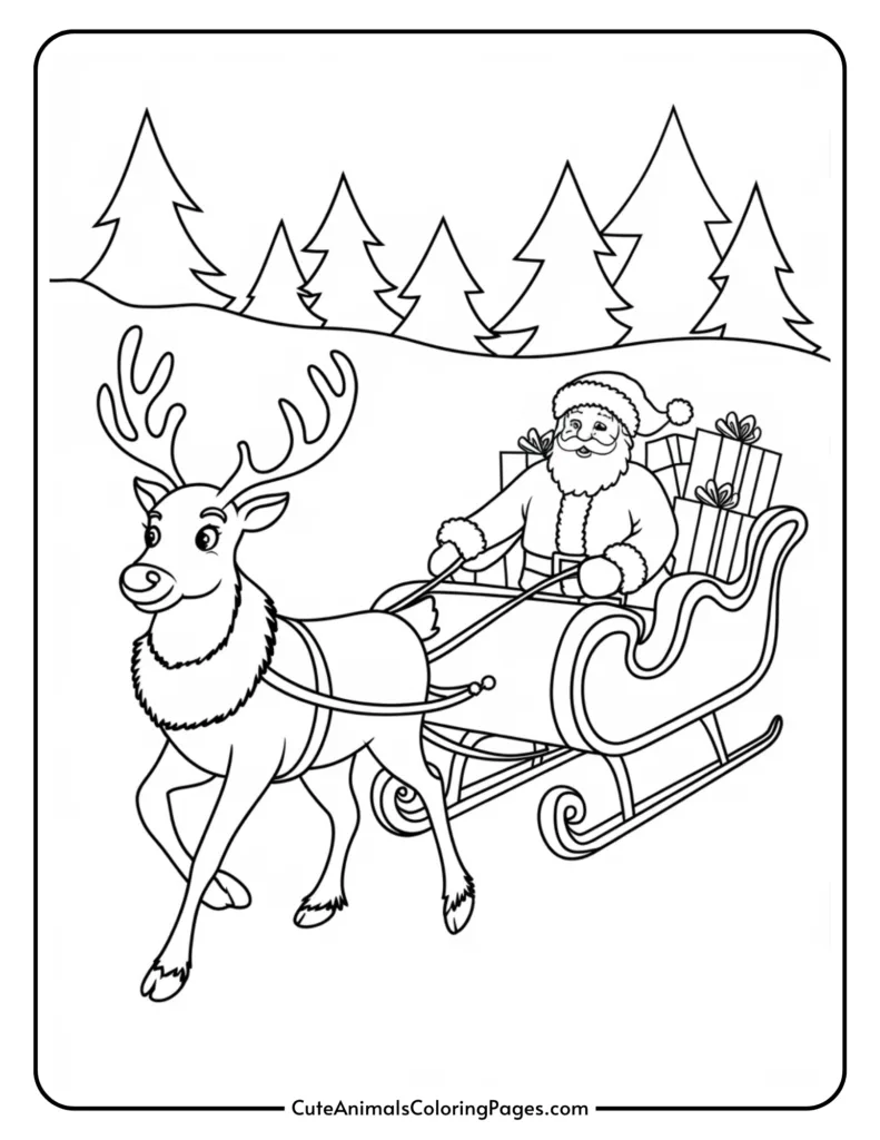 Santa Claus riding in a sleigh pulled by a reindeer, surrounded by Christmas trees, in a black and white coloring page. Perfect for holiday-themed arts and crafts activities.