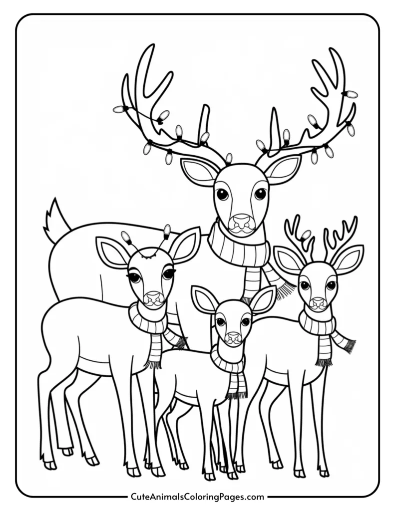 A festive coloring page featuring a family of reindeer wearing scarves and adorned with holiday lights, perfect for kids' winter-themed activities.