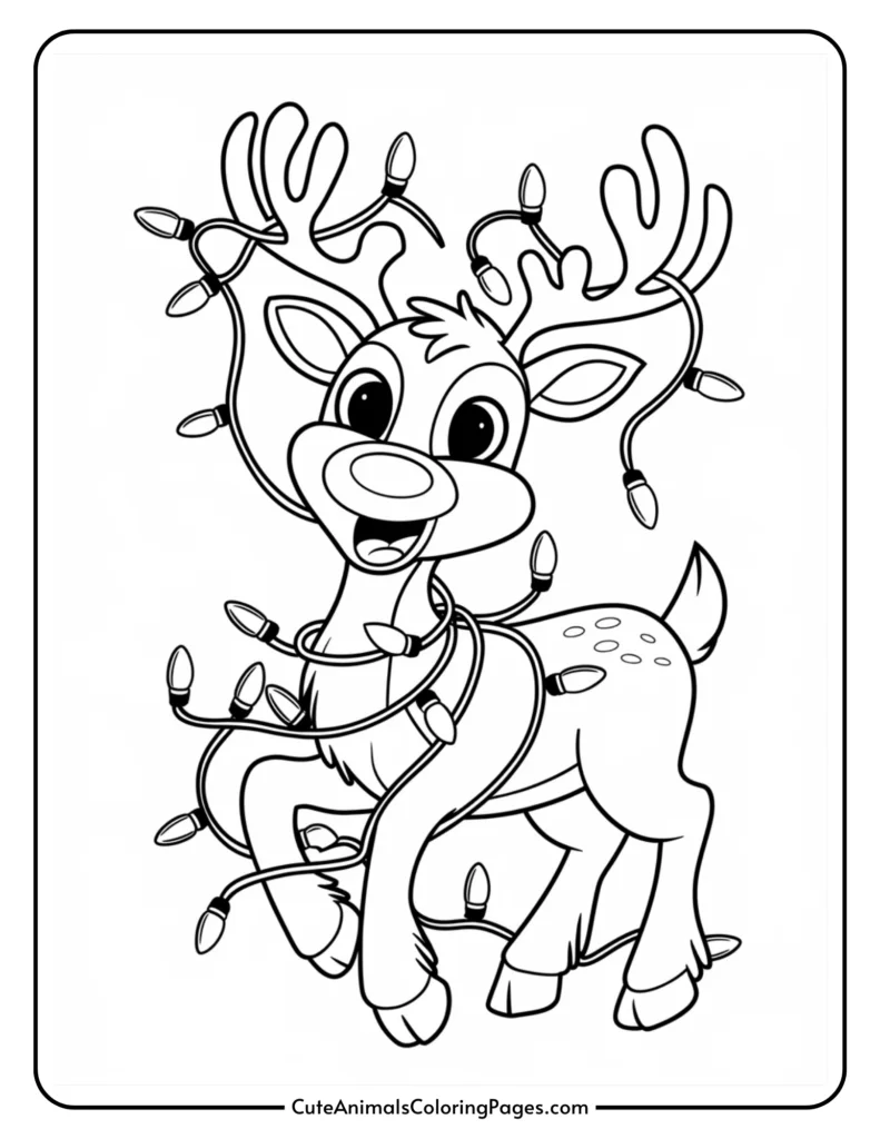 Cute cartoon reindeer wrapped in colorful Christmas lights, perfect for a holiday-themed coloring page. Ideal for kids' arts and crafts activities.