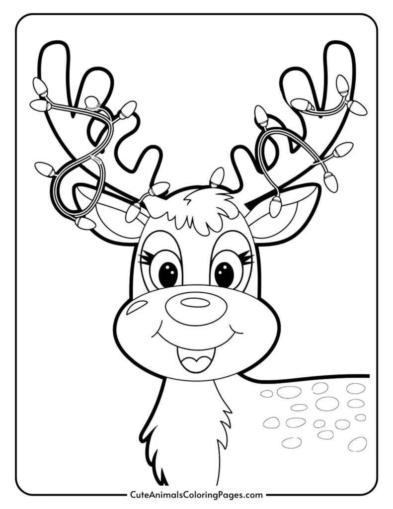 Cute cartoon reindeer with colorful Christmas lights on its antlers, smiling and ready for a festive coloring activity. Ideal for kids’ holiday-themed art projects.