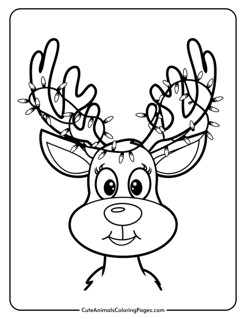 Cute cartoon reindeer with antlers adorned with colorful Christmas lights, designed for a fun coloring activity. Ideal for holiday-themed arts and crafts.