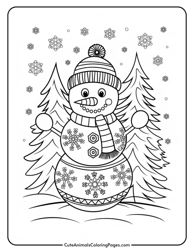 Black and white coloring page featuring a cheerful snowman wearing a striped scarf and a knitted hat, surrounded by snowflakes and evergreen trees, ideal for winter-themed art projects.