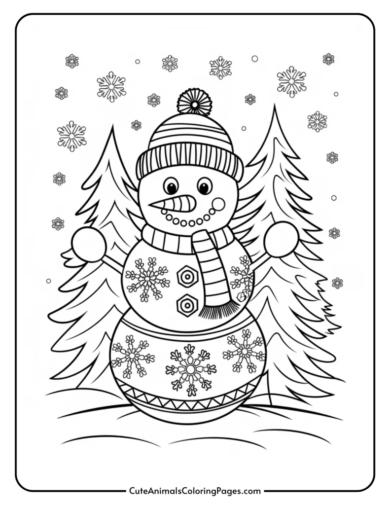 Black and white coloring page featuring a cheerful snowman wearing a striped scarf and a knitted hat, surrounded by snowflakes and evergreen trees, ideal for winter-themed art projects.