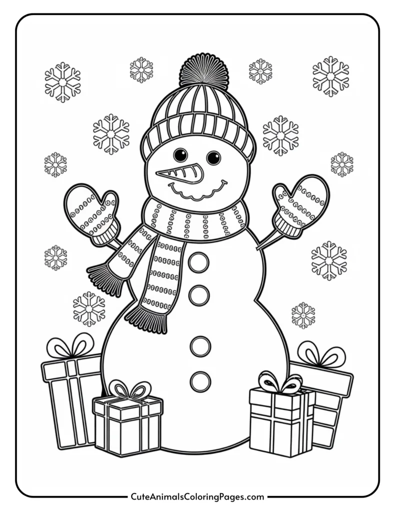 A cheerful snowman wearing a striped scarf, mittens, and a knitted hat stands amidst falling snowflakes, surrounded by colorful wrapped presents. Ideal for winter-themed coloring activities for children.