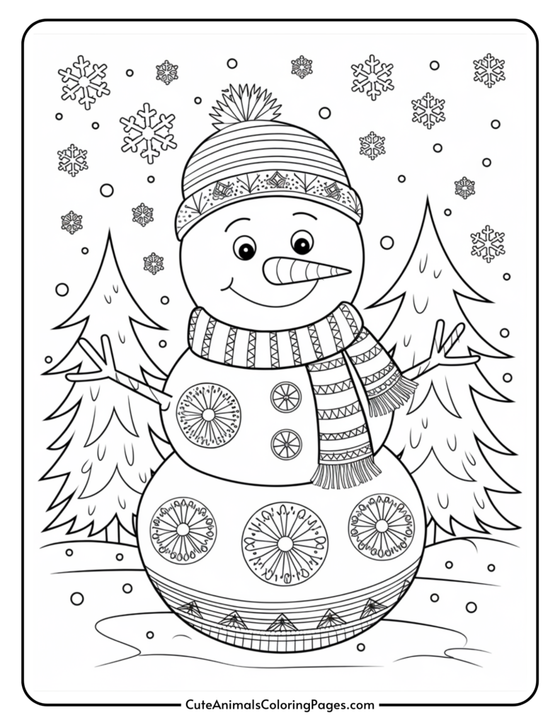 Black and white coloring page featuring a cheerful snowman wearing a striped scarf and a knitted hat, surrounded by snowflakes and pine trees, ideal for winter-themed art activities.