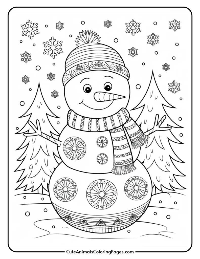 Black and white coloring page featuring a cheerful snowman wearing a striped scarf and a knitted hat, surrounded by snowflakes and pine trees, ideal for winter-themed art activities.