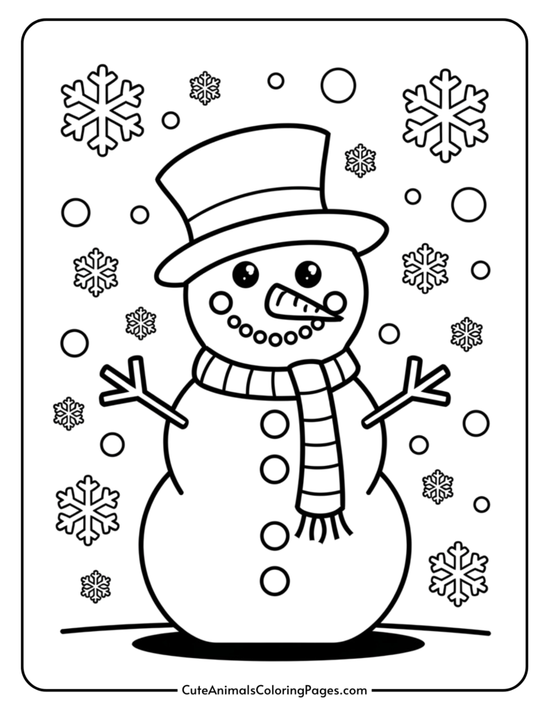 Black and white coloring page featuring a cheerful snowman wearing a top hat and scarf, surrounded by snowflakes and falling snow. Ideal for winter-themed arts and crafts activities.