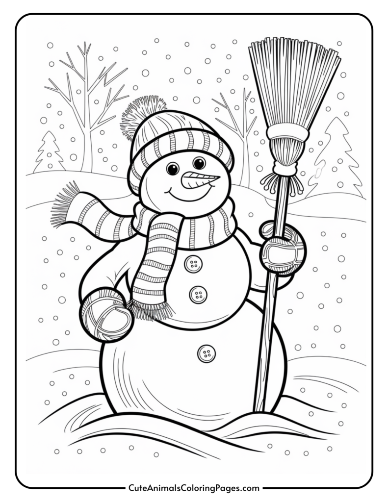 Coloring page of a cheerful snowman wearing a striped scarf and hat, holding a broom, surrounded by falling snow and winter trees. Perfect for kids' winter-themed art activities.