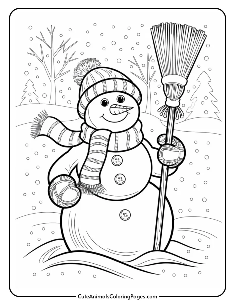 Coloring page of a cheerful snowman wearing a striped scarf and hat, holding a broom, surrounded by falling snow and winter trees. Perfect for kids' winter-themed art activities.