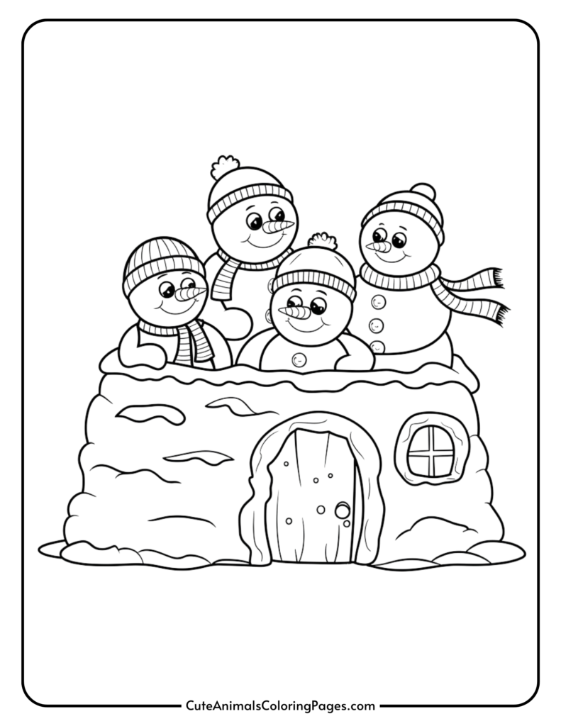 Four cheerful snowmen wearing hats and scarves stand on top of a snow mound resembling an igloo, with a door and window, ready for winter fun. Perfect for a coloring activity.