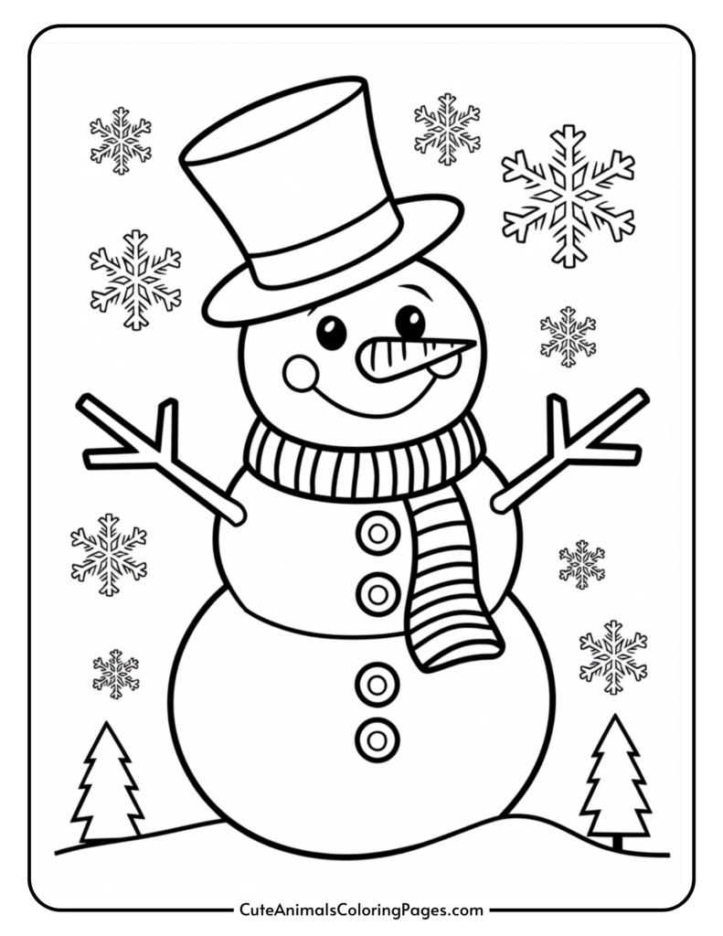 Black and white coloring page featuring a cheerful snowman wearing a top hat and scarf, surrounded by snowflakes and pine trees, perfect for winter-themed art activities.