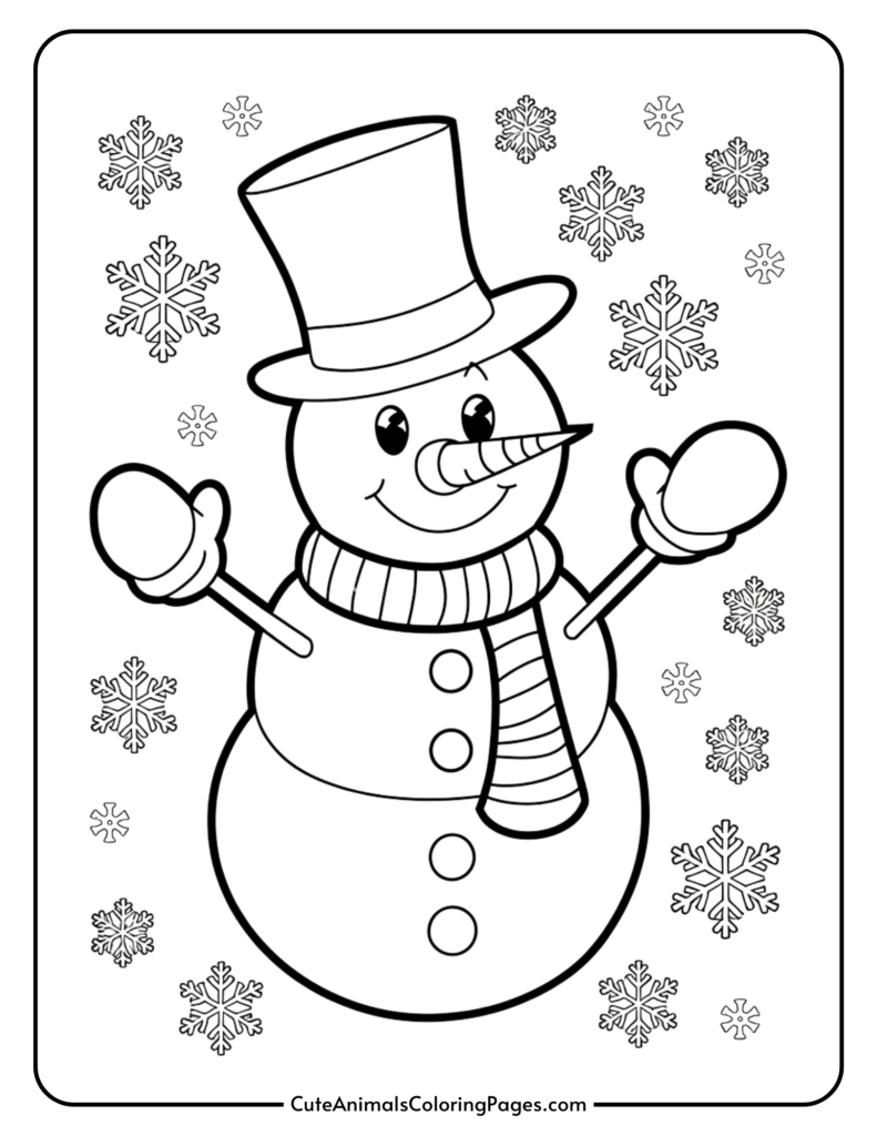 Coloring page featuring a cheerful snowman wearing a top hat and scarf, surrounded by snowflakes. Perfect for winter-themed art activities for children.