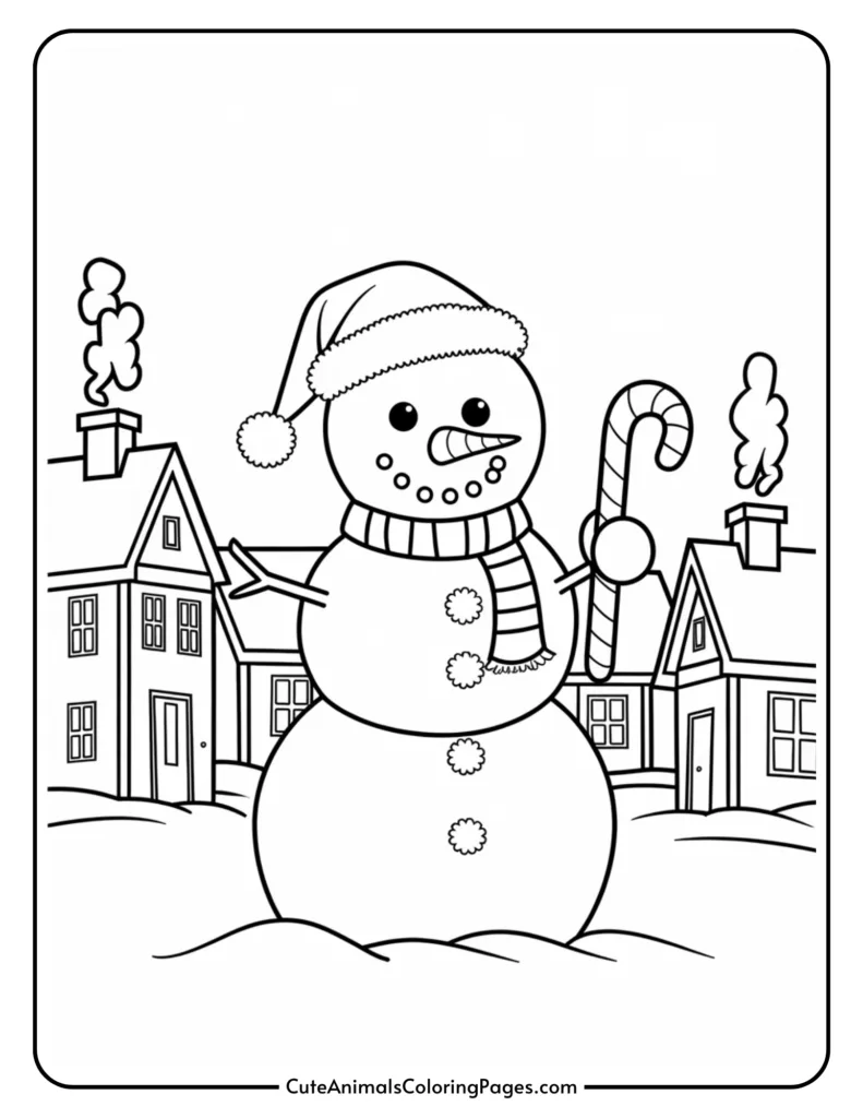 A cheerful snowman wearing a hat and scarf, holding a candy cane, stands in a snowy landscape with cozy houses and smoke rising from chimneys in the background. Ideal for winter-themed coloring activities.