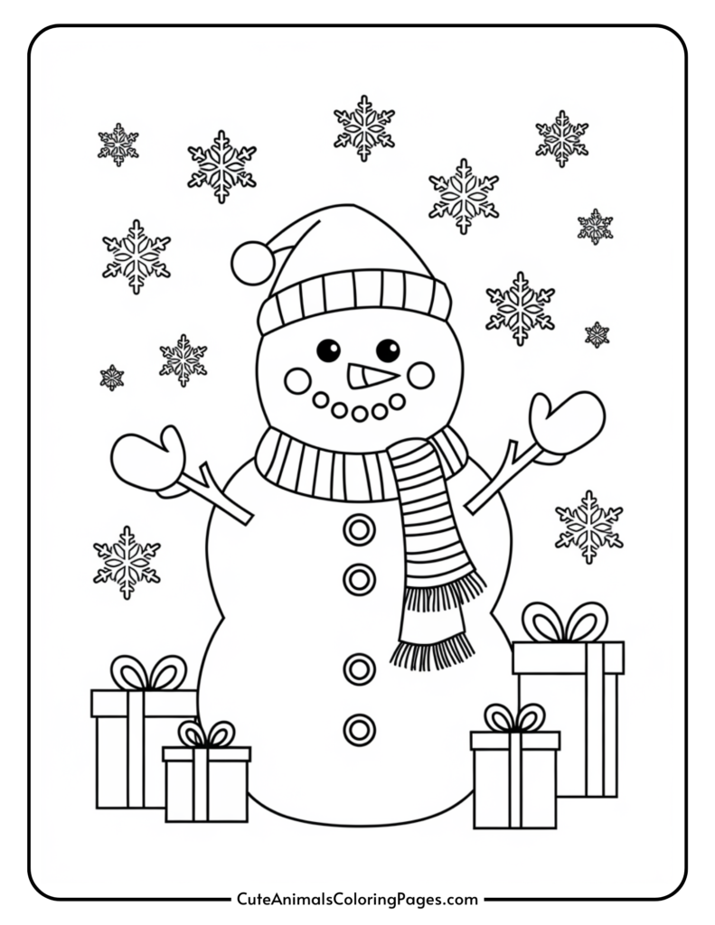 Coloring page featuring a cheerful snowman wearing a hat and scarf, surrounded by snowflakes and Christmas presents. Ideal for holiday-themed art activities for children.