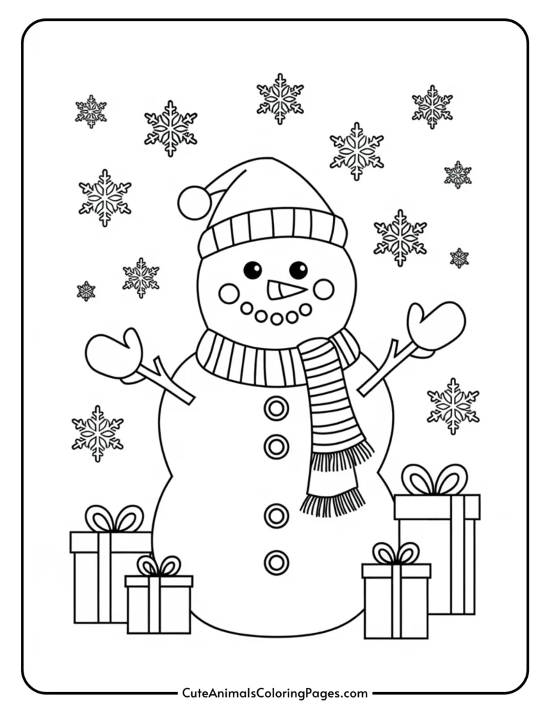 Coloring page featuring a cheerful snowman wearing a hat and scarf, surrounded by snowflakes and Christmas presents. Ideal for holiday-themed art activities for children.