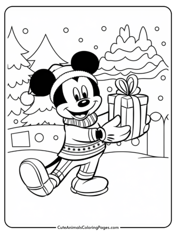 Mickey Mouse in a winter scene, wearing a festive sweater and holding a gift, surrounded by snow-covered trees and falling snowflakes, perfect for a holiday-themed coloring page.