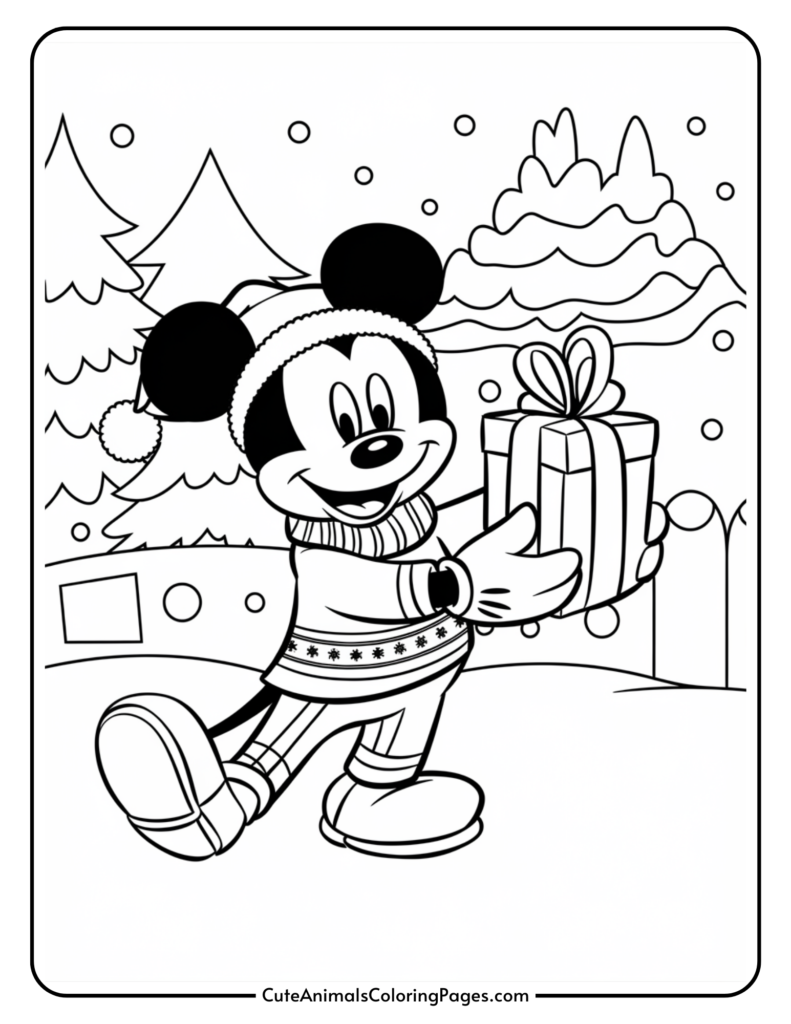 Mickey Mouse in a winter scene, wearing a festive sweater and holding a gift, surrounded by snow-covered trees and falling snowflakes, perfect for a holiday-themed coloring page.