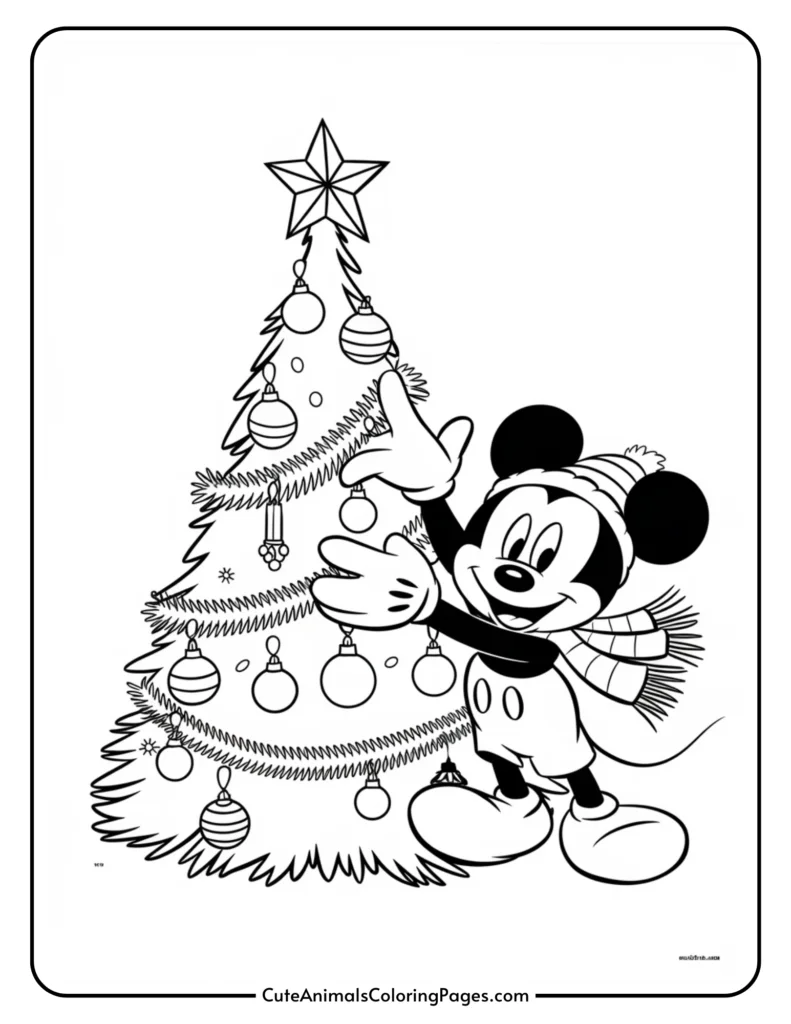 Mickey Mouse celebrating Christmas next to a decorated Christmas tree with ornaments and a star on top, in a black and white coloring page design.