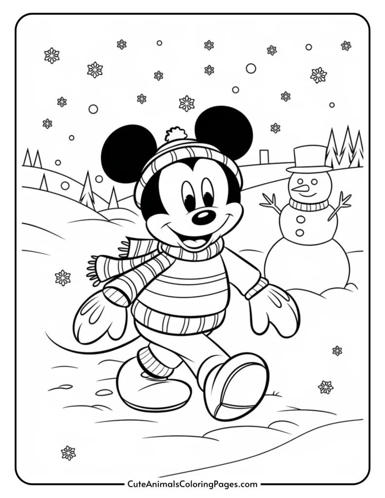 Mickey Mouse walking in a snowy landscape, wearing a striped sweater, scarf, and mittens, with a snowman in the background and snowflakes falling. Perfect for a winter-themed coloring page.