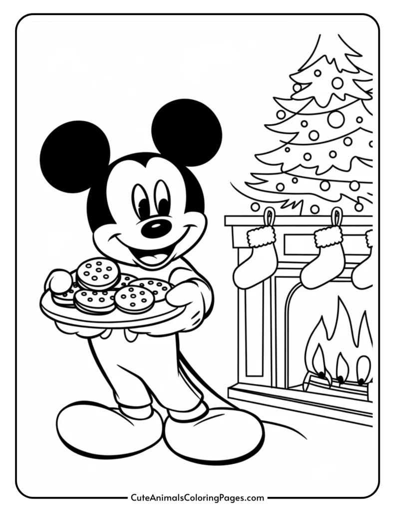 Mickey Mouse holding a plate of cookies in front of a Christmas tree and a fireplace with stockings. Perfect for holiday-themed coloring activities.