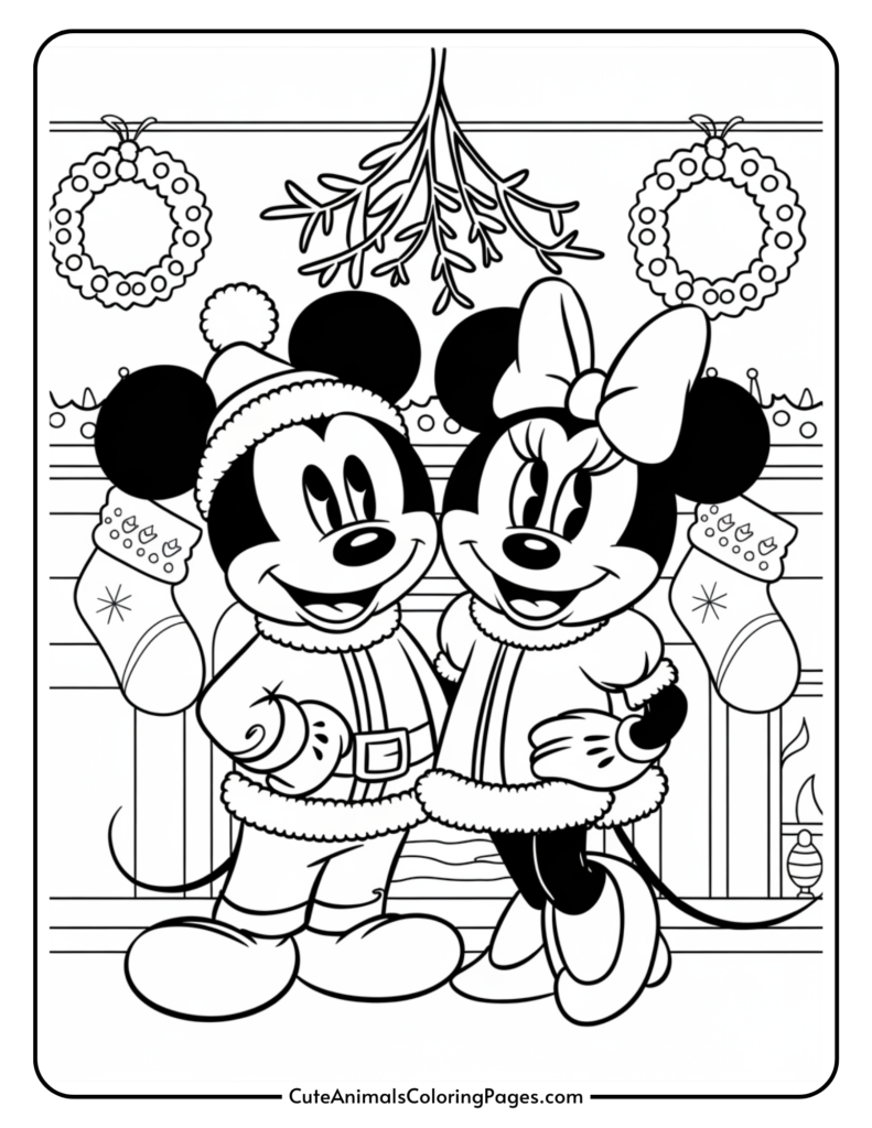 Mickey and Minnie Mouse standing together in front of a festive fireplace, decorated with stockings and mistletoe, in a black and white coloring page design.