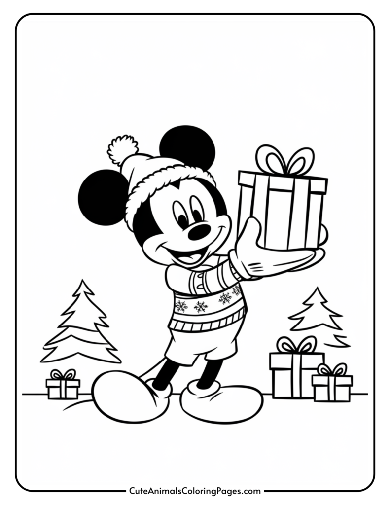 Mickey Mouse holding a gift, wearing a winter hat and sweater, surrounded by Christmas trees and presents, in a black and white coloring page design.