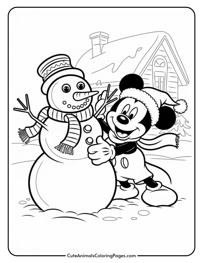 Mickey Mouse joyfully posing with a snowman in a winter scene, featuring a cozy house and snow-covered ground, perfect for a coloring page.