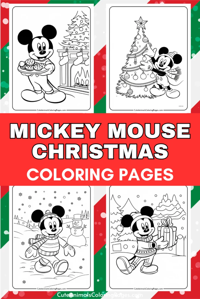 Mickey Mouse Christmas coloring pages featuring festive scenes with Mickey decorating a Christmas tree, giving gifts, and enjoying holiday treats. Perfect for kids' holiday activities.