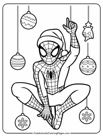 Coloring page featuring a cartoon superhero in a Spider-Man costume, wearing a Santa hat, surrounded by hanging Christmas ornaments. Perfect for holiday-themed activities and children's art projects.