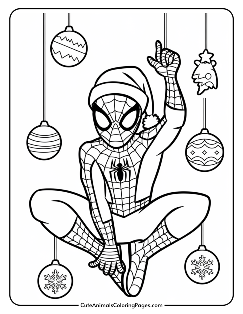 Coloring page featuring a cartoon superhero in a Spider-Man costume, wearing a Santa hat, surrounded by hanging Christmas ornaments. Perfect for holiday-themed activities and children's art projects.