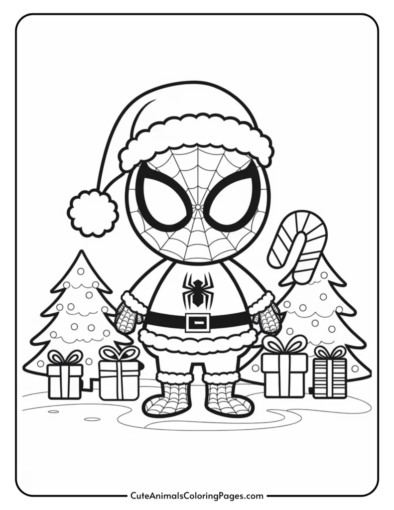 Coloring page featuring a cartoon Spider-Man dressed in a Santa Claus outfit, surrounded by Christmas trees, presents, and a candy cane, perfect for holiday-themed coloring activities.