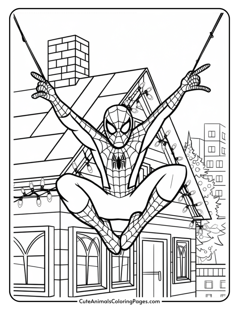 Spider-Man coloring page featuring the superhero in a dynamic pose, swinging from a house adorned with holiday lights, surrounded by a cityscape. Ideal for kids' art activities and themed coloring projects.