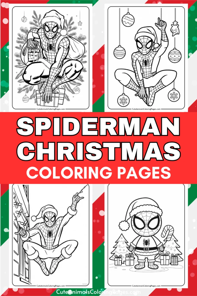 Spiderman Christmas coloring pages featuring four unique designs of Spiderman in festive settings, including gift-giving and holiday decorations, perfect for kids to enjoy during the holiday season.