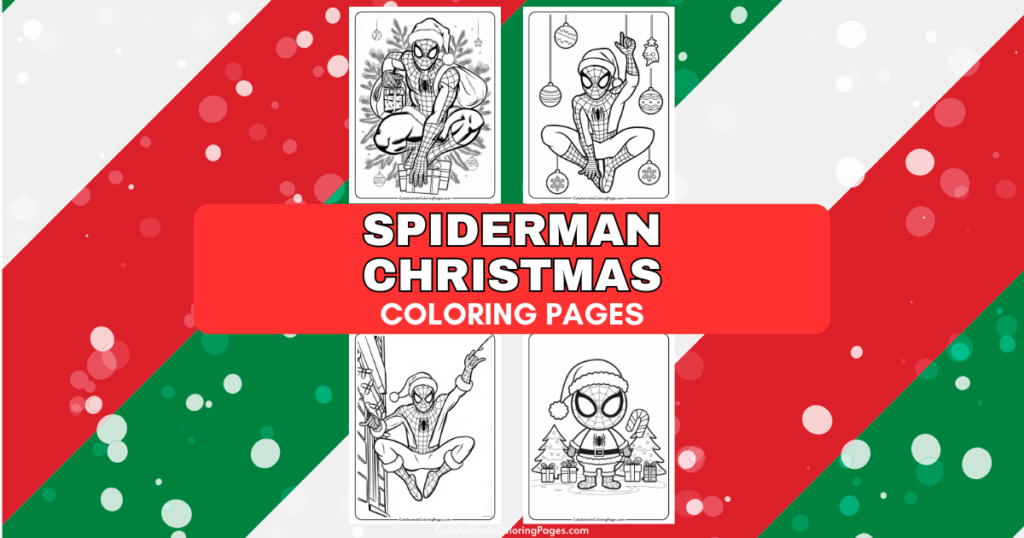 Spiderman Christmas coloring pages featuring four festive designs, including Spiderman with holiday decorations, a Christmas tree, and playful poses. Perfect for kids' holiday activities and creative fun.