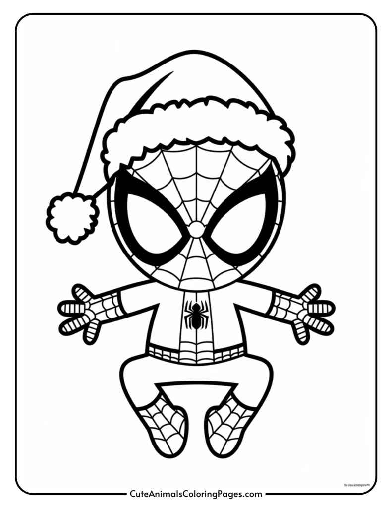 Coloring page featuring a cartoon character dressed as Spider-Man wearing a Santa hat, ideal for holiday-themed arts and crafts activities for children.