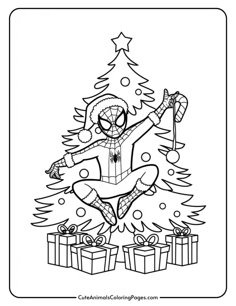 Coloring page featuring a superhero in a festive Santa hat, playfully posed in front of a decorated Christmas tree surrounded by gift boxes. Ideal for kids' holiday activities.