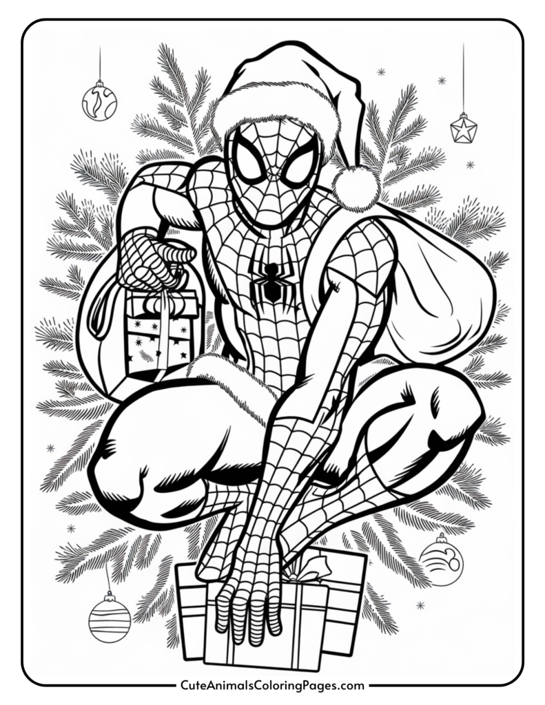 Spider-Man dressed in a Santa hat, holding a gift and crouching on presents surrounded by festive pine branches and ornaments, perfect for a holiday-themed coloring activity.