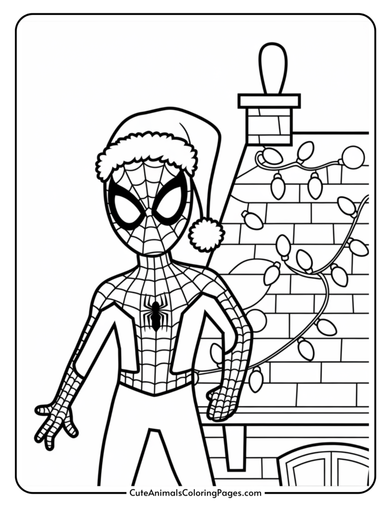 Spider-Man in a Santa hat standing on a rooftop decorated with Christmas lights, designed for coloring activities. Perfect for kids and superhero fans.