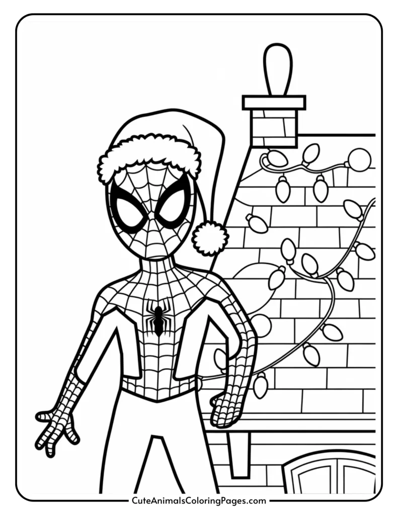 Spider-Man in a Santa hat standing on a rooftop decorated with Christmas lights, designed for coloring activities. Perfect for kids and superhero fans.