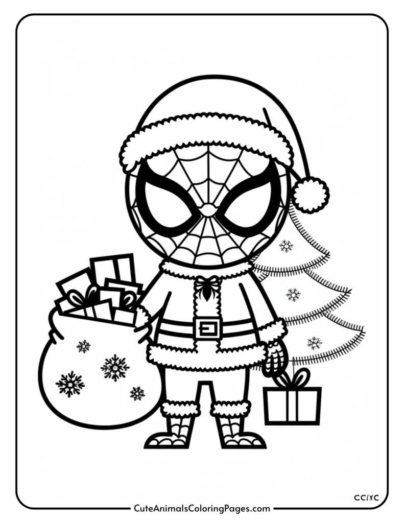 Cartoon-style Spider-Man dressed in a Santa outfit, holding a bag of gifts and standing next to a Christmas tree, ideal for a holiday-themed coloring page.