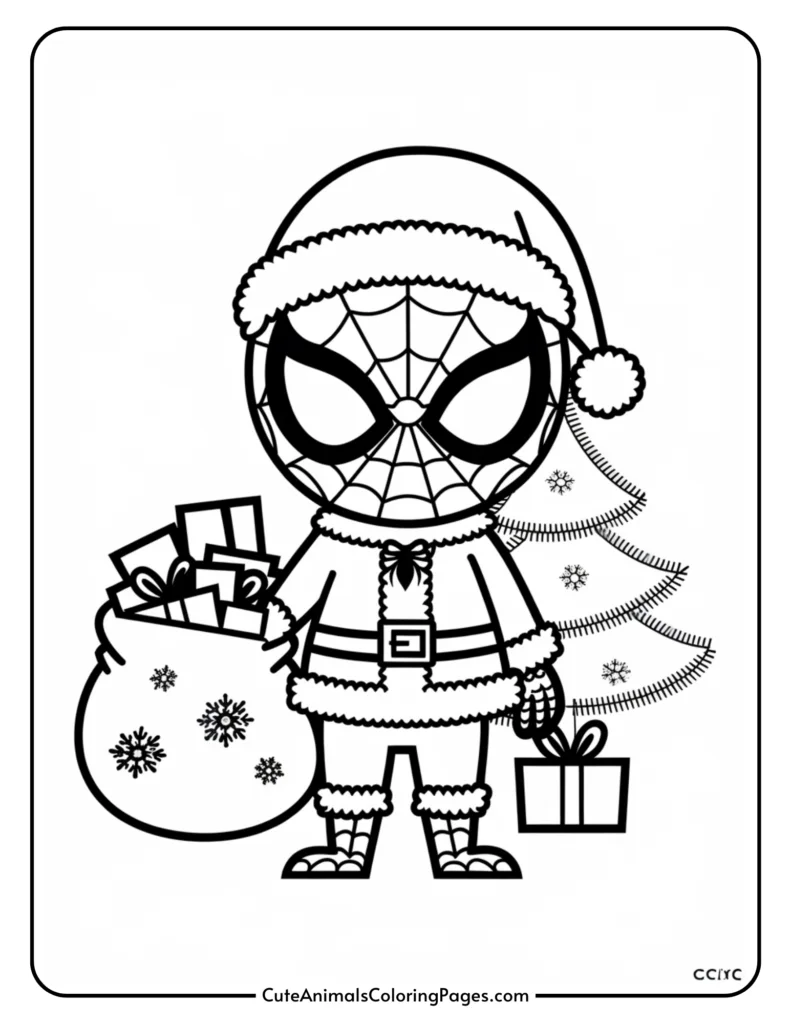 Cartoon-style Spider-Man dressed in a Santa outfit, holding a bag of gifts and standing next to a Christmas tree, ideal for a holiday-themed coloring page.