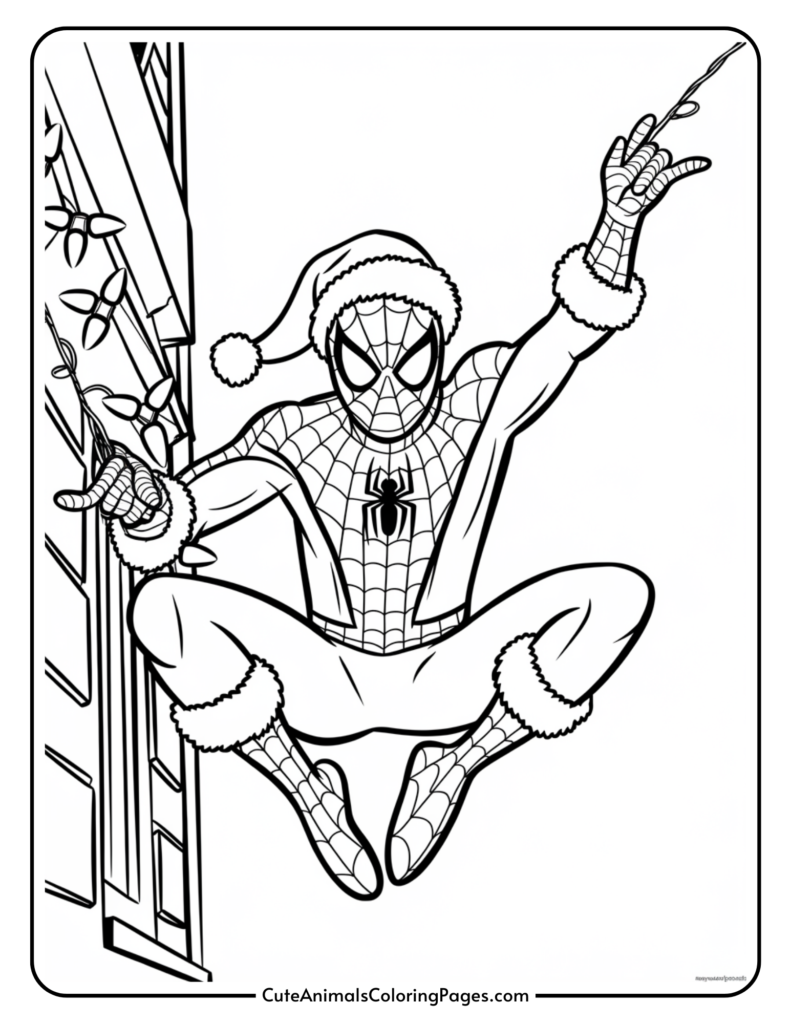 Spider-Man dressed in a Santa hat and festive attire, swinging through a snowy neighborhood, surrounded by holiday decorations. This coloring page features bold outlines for easy coloring and fun for all ages.