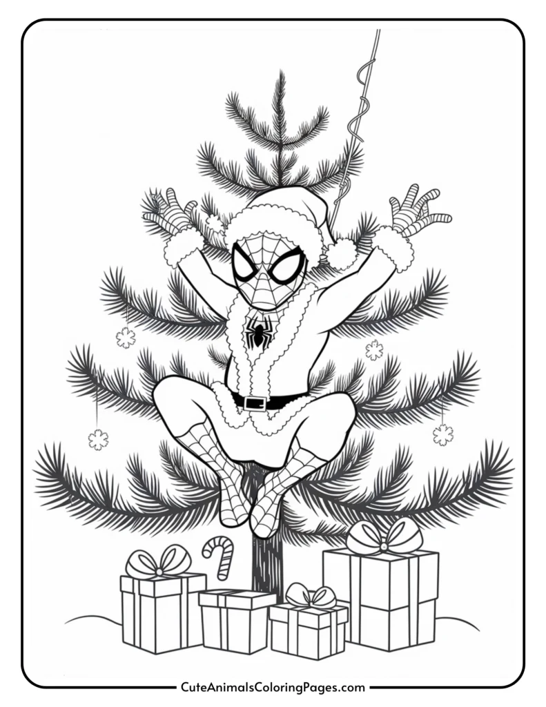 A playful illustration of a superhero dressed as Santa, perched in a Christmas tree, surrounded by colorful gift boxes and festive decorations, designed for a fun coloring activity.