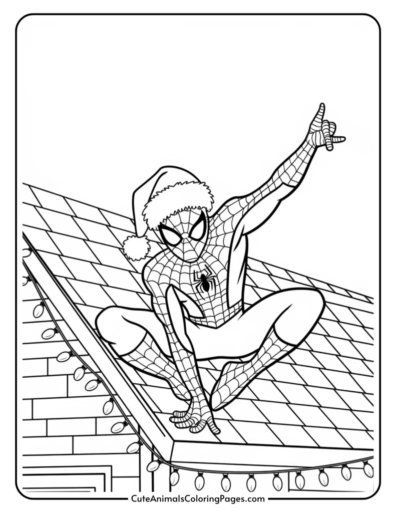 Spider-Man in a Santa hat perched on a rooftop decorated with Christmas lights, illustrated in a black and white coloring page style. Ideal for holiday-themed coloring activities for fans of superheroes.