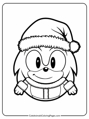 Black and white coloring page of a cheerful cartoon hedgehog wearing a Santa hat and winter coat, perfect for kids' holiday-themed activities.