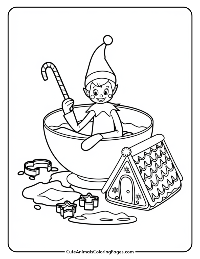 Coloring page featuring a cheerful elf in a bowl, holding a candy cane, surrounded by festive decorations like a gingerbread house and star-shaped cookie cutters. Perfect for holiday-themed art activities.